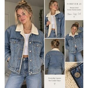 Sherpa Lined Denim Trucker Jacket Medium Wash Blue Women's Small Streetwear